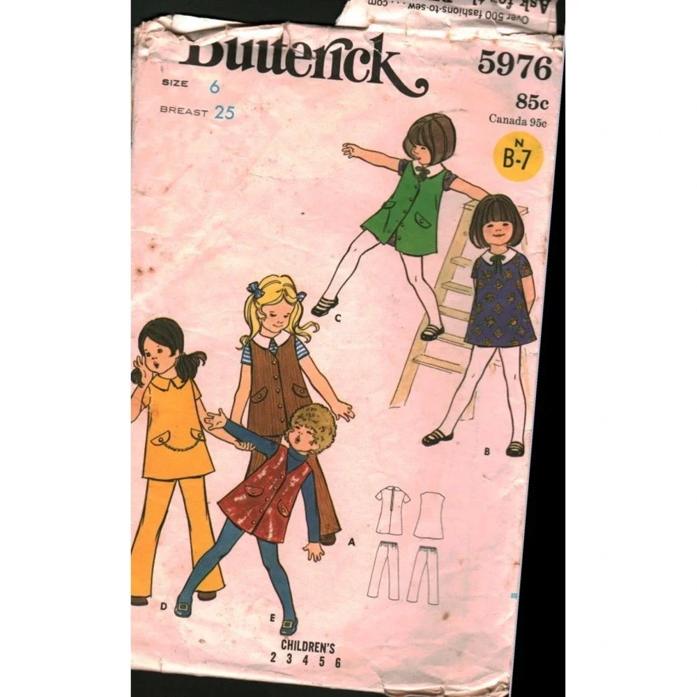 Vintage Butterick 5976 Childrens Dress Jumper Pants Sewing‎ Pattern Size 6 CUT